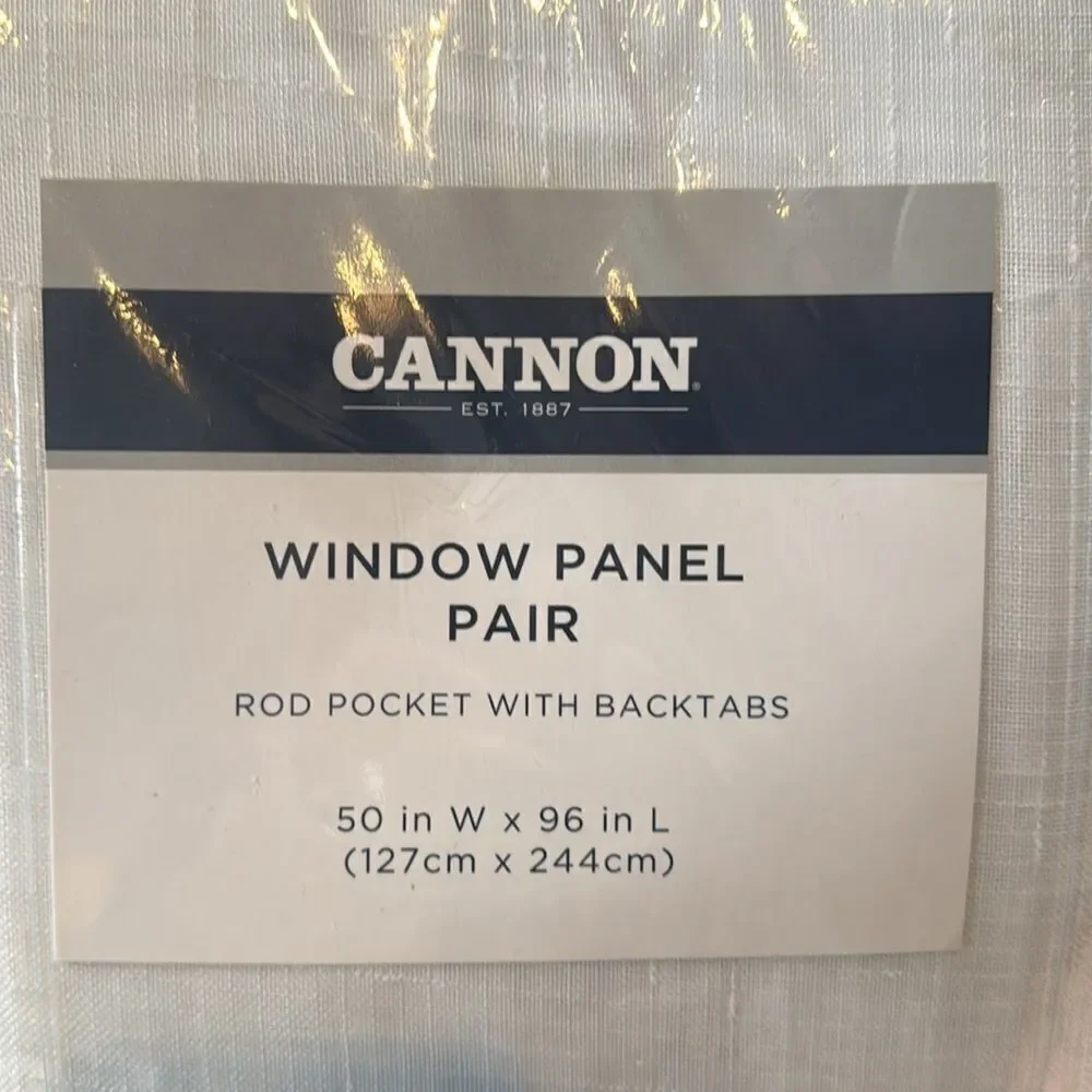 Cannon Curtains White Window Panel Pair Rod Pocket Back Tabs 50”W x 96”L NEW